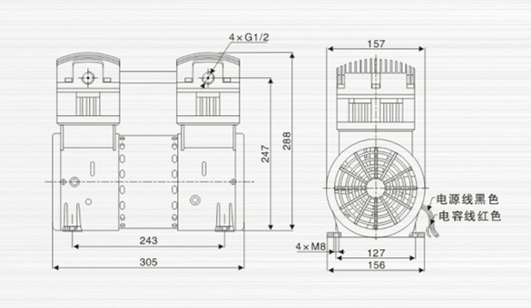 JP-240V機械手靜音真空泵外觀尺寸圖